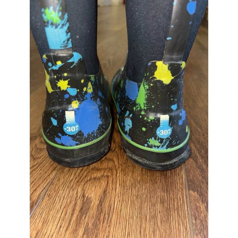 BOGS kid youth size 4 shoe blue tall insulated waterproof boots Paint Splat Boy